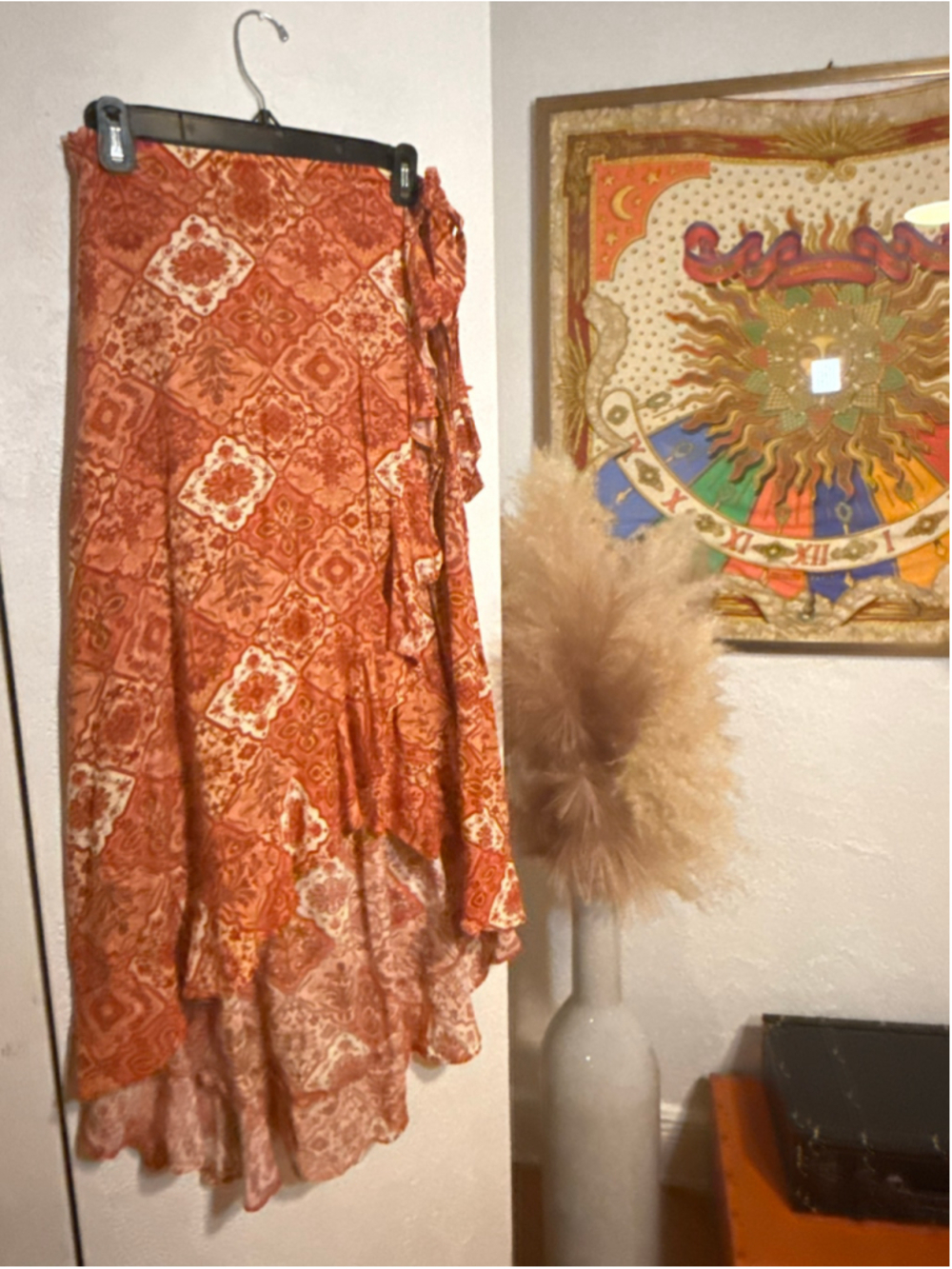 Preowned , Women's Aakaa Asymmetrical wrap Skirt, Orange /White Patterned, Size